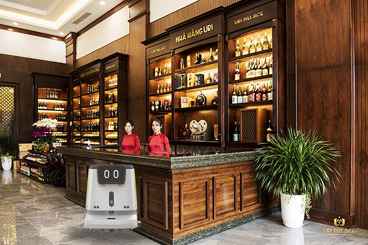 Ảnh mô phỏng robot PUDU CC1 chà sàn đá sảnh lễ tân nhà hàng Uri tầng 1