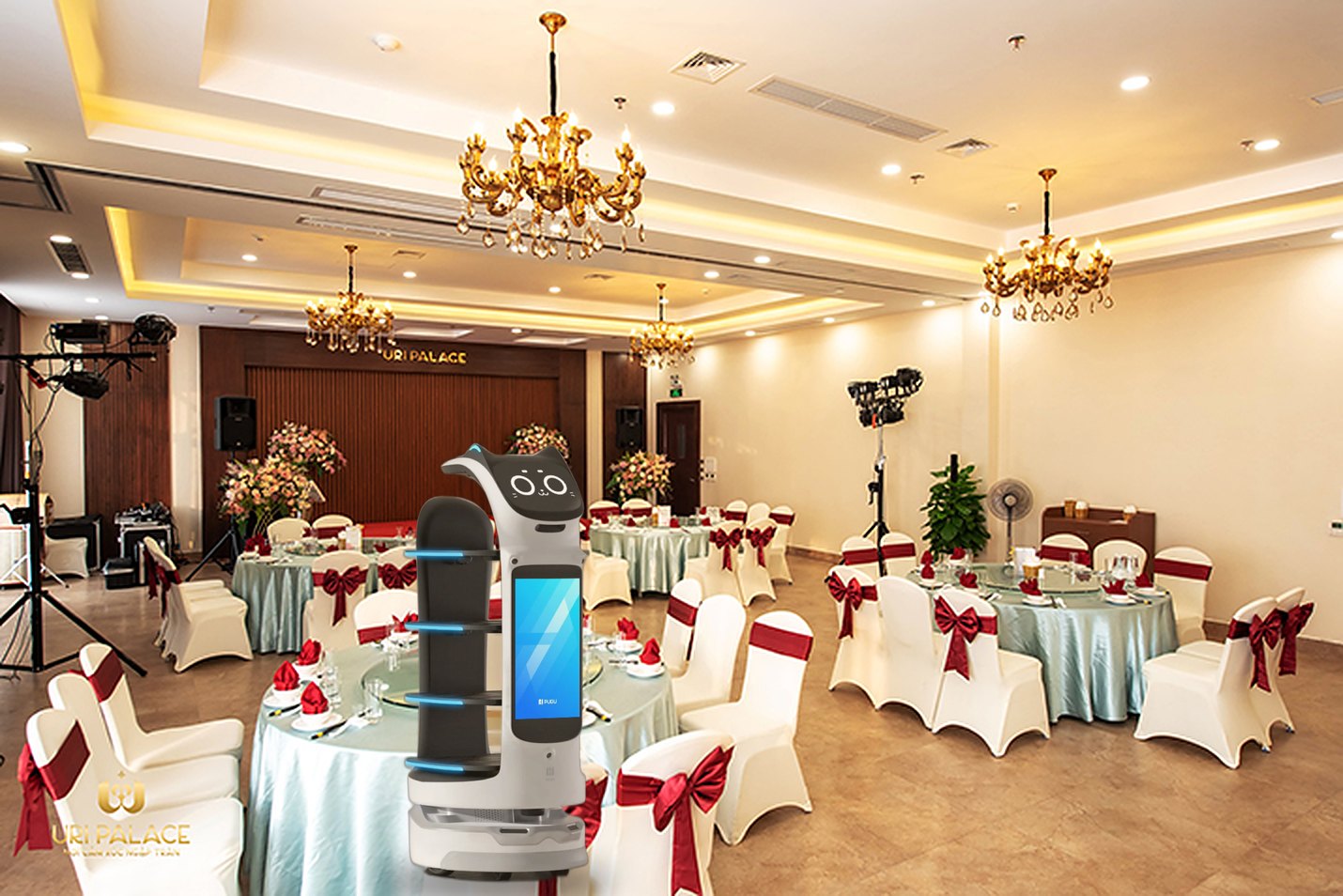 Ảnh mô phỏng robot BellaBot Pro trong hội trường Tam Giang tầng 4, Uri Palace