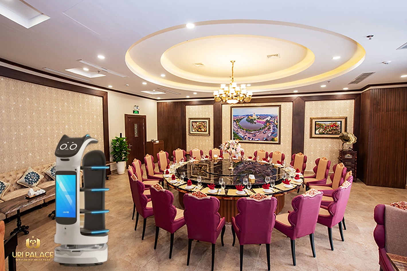 Ảnh mô phỏng: BellaBot Pro trong phòng VIP Xứ Lạng, bàn tròn mâm xoay 24 ghế